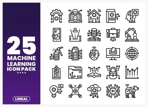 Vector flat icons pack for machine learning and AI. technology collection 스톡 일러스트