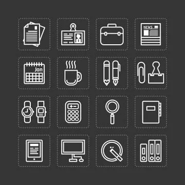 Vector flat icons set of business office tools outline concept. Stock Illustration