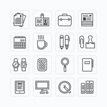 Vector flat icons set of business office tools outline concept. Stock Illustration