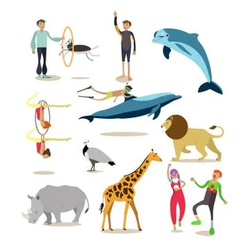 Vector flat icons set of dolphinarium, circus and zoo characters Illustrazione stock