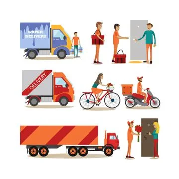 Vector flat icons set of food delivery people Stock Illustration