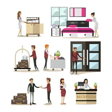 Vector flat icons set of hotel people, cartoon characters Stock Illustration