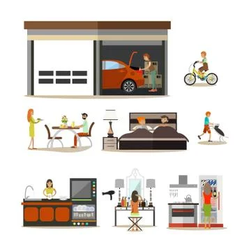 Vector flat icons set of house interior, family characters Stock Illustration