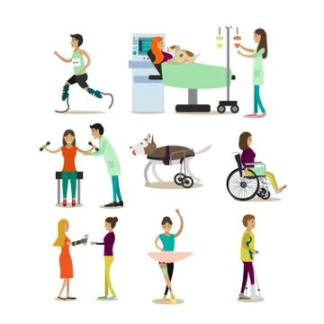 Vector flat icons set of medical staff and disabled people, pets Stock Illustration