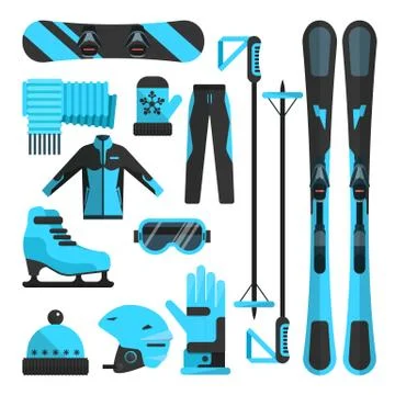 Vector flat icons set of skiing, skating and snowboarding outfit Stockillustratie