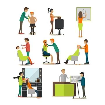Vector flat icons set of tattoo parlor and barbershop people Stock Illustration