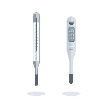 Vector flat icons on white background, mercury thermometers and electronic .. Stock Illustration