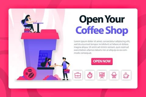 Vector flat illustration about opening coffee shop with one click. orders cof Stock Illustration