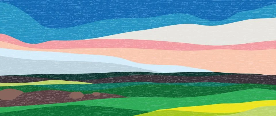 Vector flat illustration. Abstract spring landscape. Colorful sky, field 스톡 일러스트