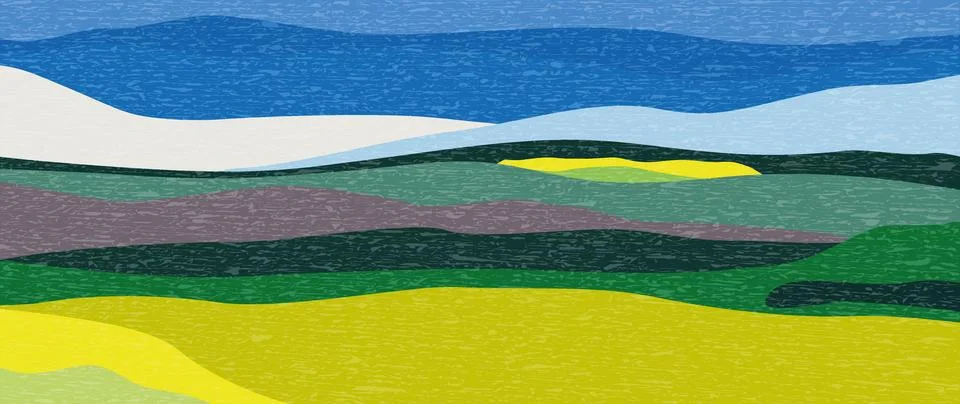 Vector flat illustration. Abstract spring landscape. Colorful sky, field 스톡 일러스트