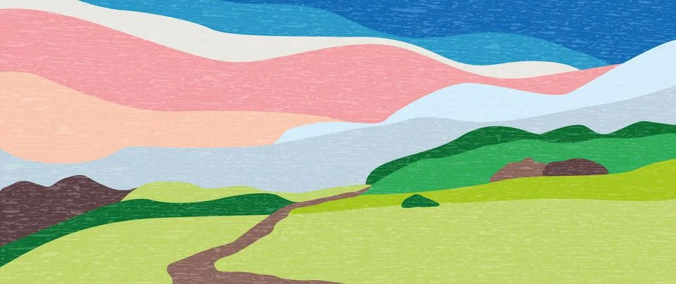 Vector flat illustration. Abstract summer landscape. Colorful sky, field Stock Illustration