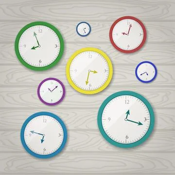 Vector flat illustration. Alarm clocks hang on the wood wall Stock Illustration