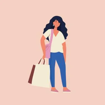 Vector flat illustration of beautiful yong woman with shopping bags. Big sale Stock Illustration