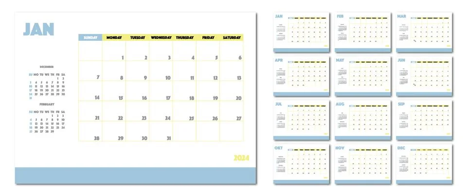 Vector flat illustration. Calendar for 2024 on a light background. Ideal for Stock Illustration
