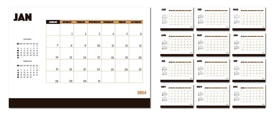 Vector flat illustration. Calendar for 2024 on a light background. Ideal for Stock Illustration