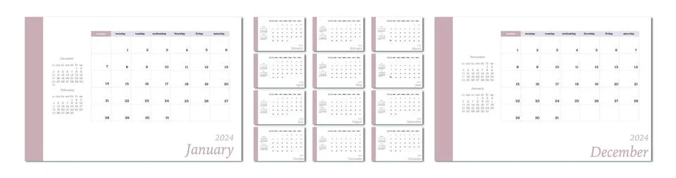 Vector flat illustration. Calendar for 2024 on a light background. Ideal for Stock Illustration