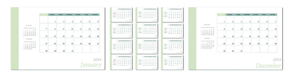 Vector flat illustration. Calendar for 2024 on a light background. Ideal for Stock Illustration
