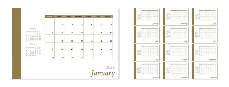 Vector flat illustration. Calendar for 2024 on a light background. Ideal for Stock Illustration