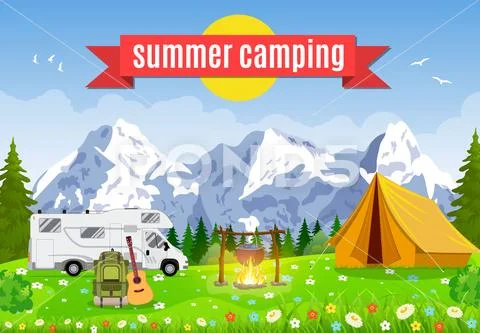 Vector flat illustration camping. Ilustraciones de archivo
