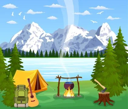 Vector flat illustration camping. Illustrazione stock
