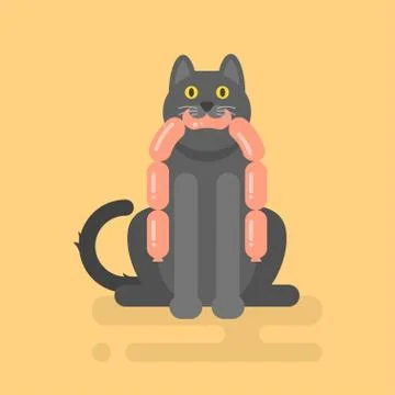 Vector flat illustration of cat holding a sausage Stock Illustration