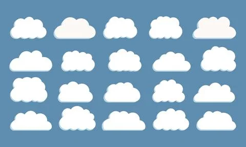 Vector flat illustration. Clouds. Abstract white cloudy set isolated on blu.. Illustrazione stock
