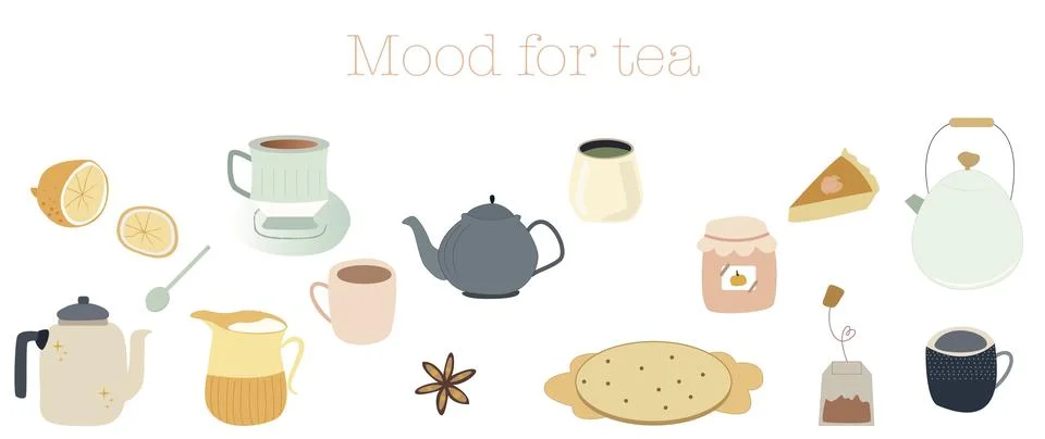 Vector flat illustration. Collection of tea, coffee and delicious coffee. B.. Stock Illustration
