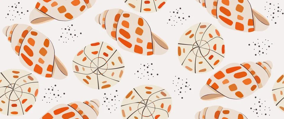 Vector flat illustration. Colorful seamless wallpaper pattern with sea shells Illustrazione stock