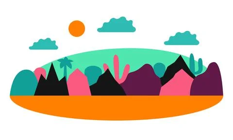Vector flat illustration with colorfull mountains, tropic trees and clounds Stock Illustration