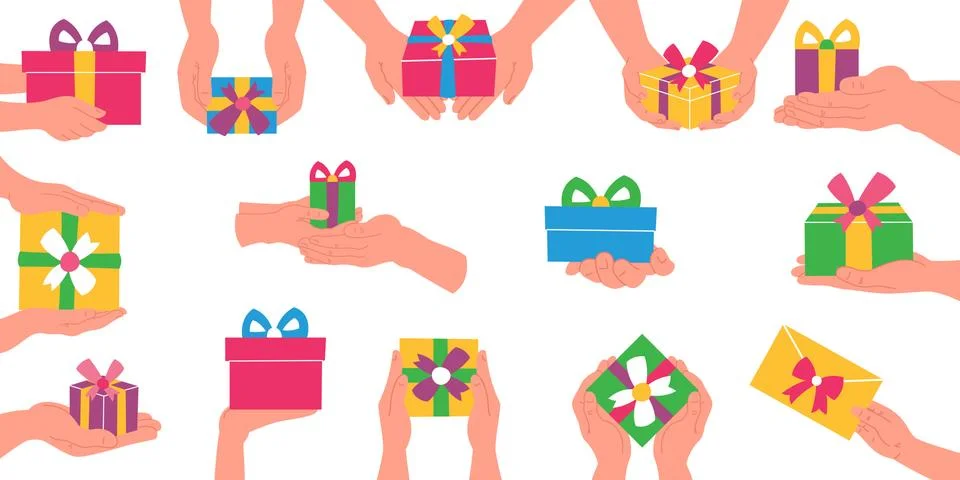 Vector flat illustration of congratulation with gift box in hands Stock Illustration