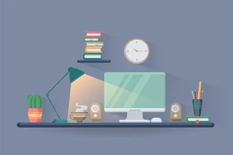 Vector flat illustration of a cozy place with a computer, a cup of hot drink Stock Illustration