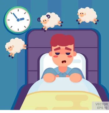 Vector flat illustration - Cute man in her bed at night counting sheep, fight イラスト素材