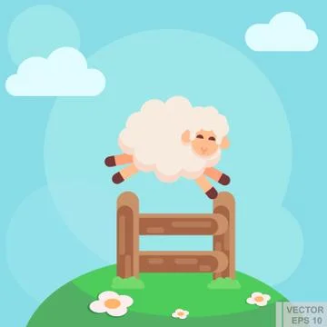 Vector flat - Illustration of a cute white sheep jumping fence Иллюстрация