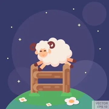 Vector flat - Illustration of a cute white sheep jumping fence イラスト素材