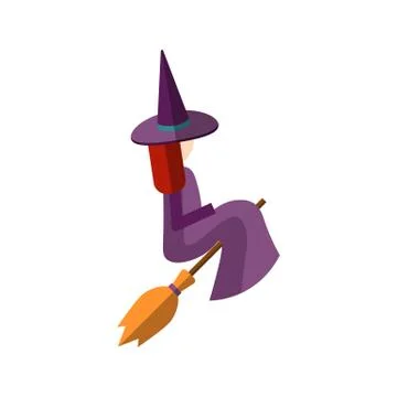 Vector flat illustration of cute witch sitting on a broom, and flying on a broom Illustrazione stock