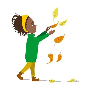 Vector flat illustration of a dancing dark-skinned girl in falling leaves. A Stock Illustration