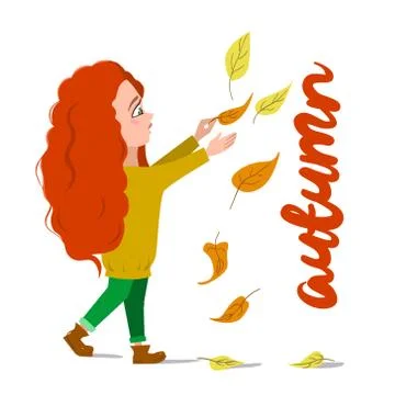 Vector flat illustration of a dancing girl in falling leaves. A girl with red Stock Illustration