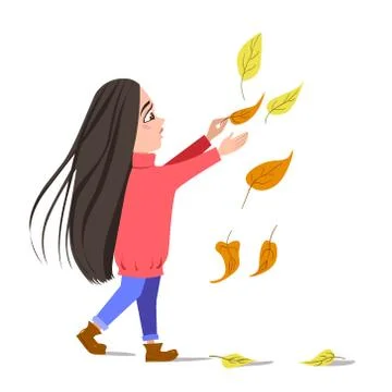 Vector flat illustration of a dancing girl in falling leaves. A dark-haired girl Stock Illustration
