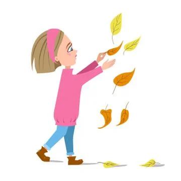 Vector flat illustration of a dancing girl in falling leaves. A blonde girl in a Illustrazione stock