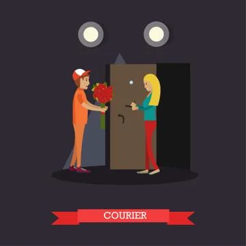 Vector flat illustration of delivery courier with bouquet of flowers Stock Illustration