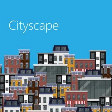 Vector flat illustration of different city buildings. citycape background 스톡 일러스트