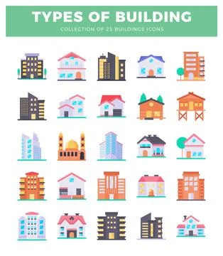 Vector flat illustration of diverse building icons on white background Stock Illustration