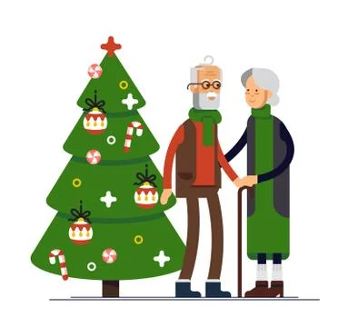 Vector flat illustration of elderly couple celebrating Christmas. Family Stock Illustration