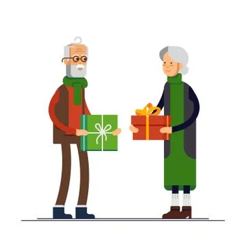 Vector flat illustration of elderly couple celebrating Christmas and give a gift Stock Illustration
