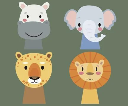 Vector flat illustration. Faces of African animals. Isolated. On a green ba.. Stock Illustration