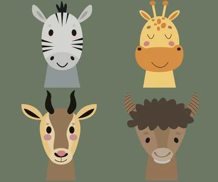 Vector flat illustration. Faces of African animals. Isolated. On a green ba.. Stock Illustration