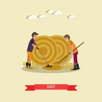 Vector flat illustration of farm workers gathering hay Stock Illustration