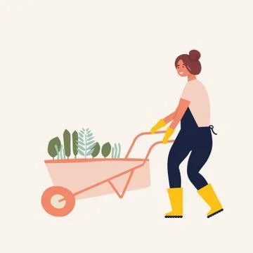 Vector flat illustration of gardener character. Young woman holding wheelbarrow Stock Illustration