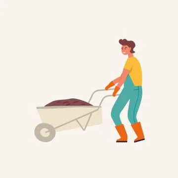 Vector flat illustration of gardener character. Young man holding wheelbarrow of Stock Illustration