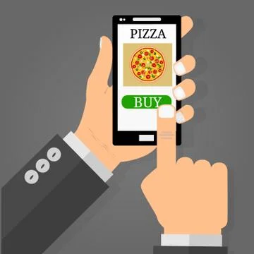 Vector flat illustration .Hand holding smart phone, order pizza using a smart Illustrazione stock